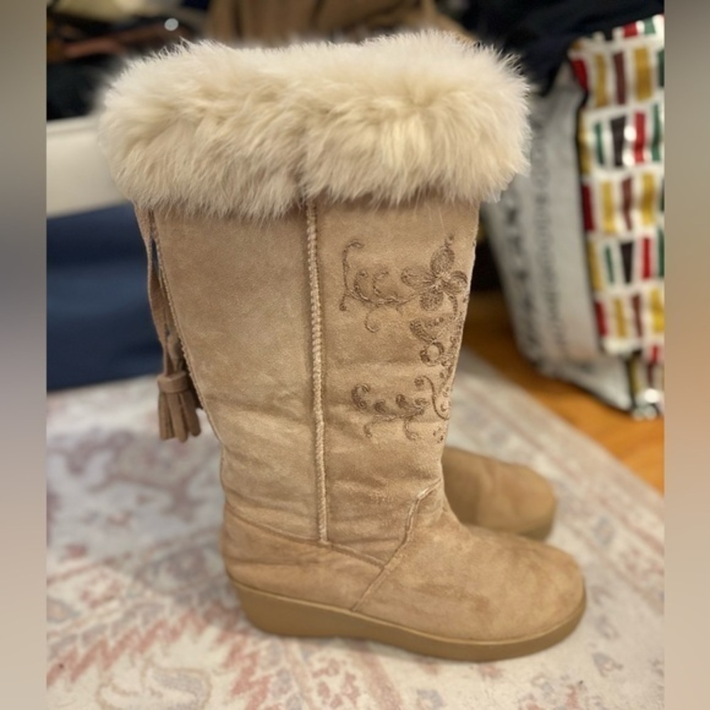 Clark’s Suede Embroidered Boots with Rabbit Fur